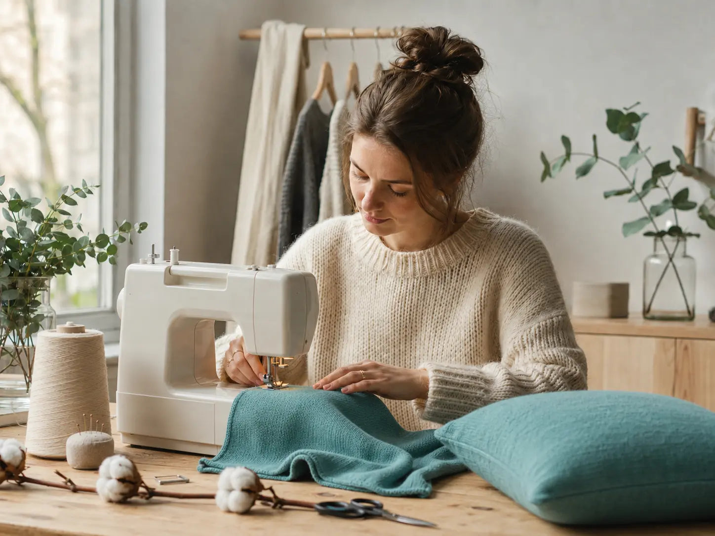 Eine junge Frau in einem beigen Pullover sitzt konzentriert an einer Nähmaschine und verarbeitet türkisfarbenen Stoff in ihrem hellen Atelier.