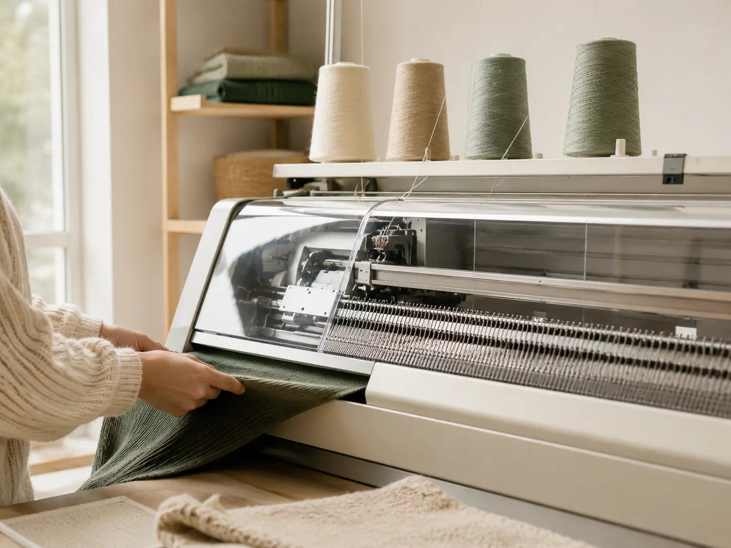 Eine Person in einem beigen Strickpullover führt einen dunkelgrünen Stoff aus einer Strickmaschine, während im Hintergrund Garnrollen auf der Maschine stehen.