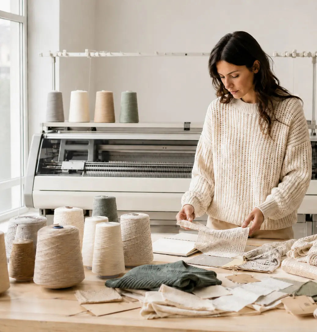 Eine junge Frau in einem beigen Pullover arbeitet in einem Atelier an einer Strickmaschine und prüft Stoffmuster auf einem Holztisch mit Garnrollen.
