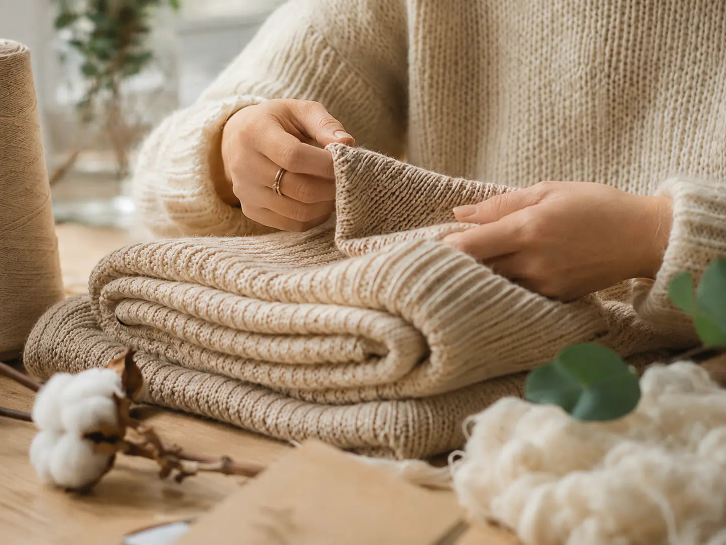 Nahaufnahme der Hände einer Person in einem beigen Strickpullover, die einen weichen, beigen Strickstoff auf einem Holztisch berührt, umgeben von Baumwollzweigen.