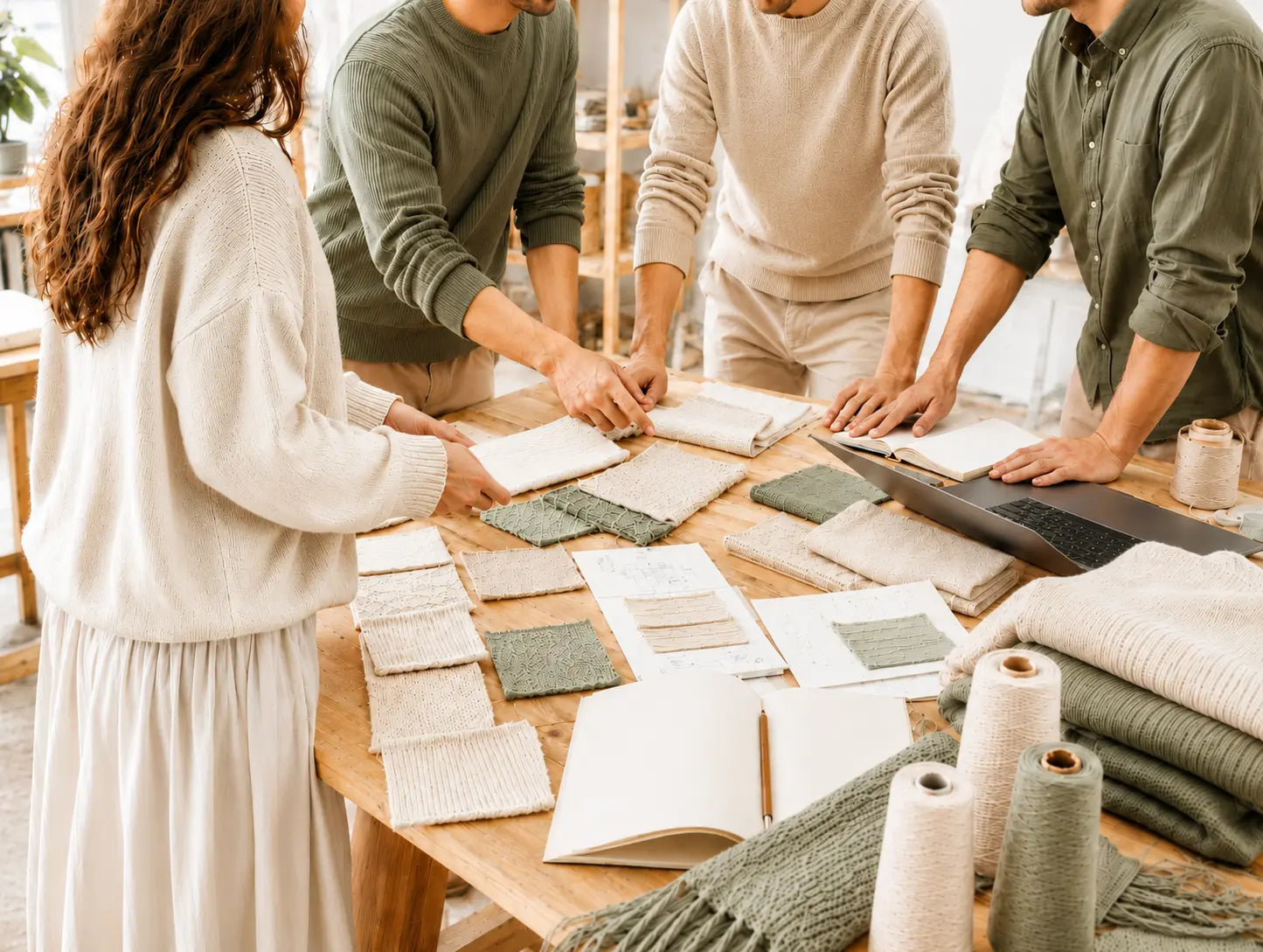 Ein Team von vier Personen steht um einen Holztisch und prüft gemeinsam Stoffmuster, Garne und Notizbücher in einer kreativen Arbeitsumgebung.