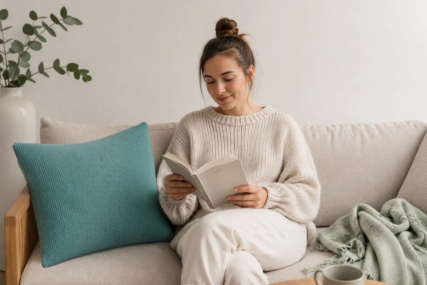 Eine junge Frau mit Dutt trägt einen beigen Pullover und liest entspannt ein Buch auf einem beigen Sofa mit türkisfarbenem Kissen.