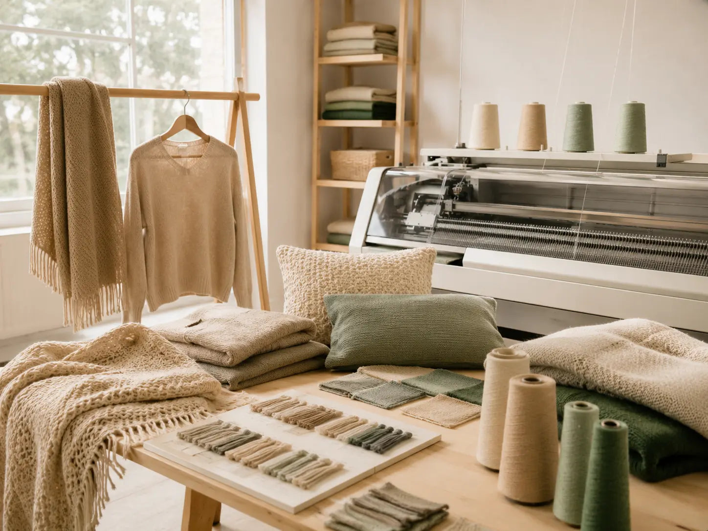 Ein heller Arbeitsbereich mit einem Holztisch voller Garnrollen, Strickstoffen und Kissen, im Hintergrund eine Strickmaschine und ein Kleiderständer mit Strickpullovern.