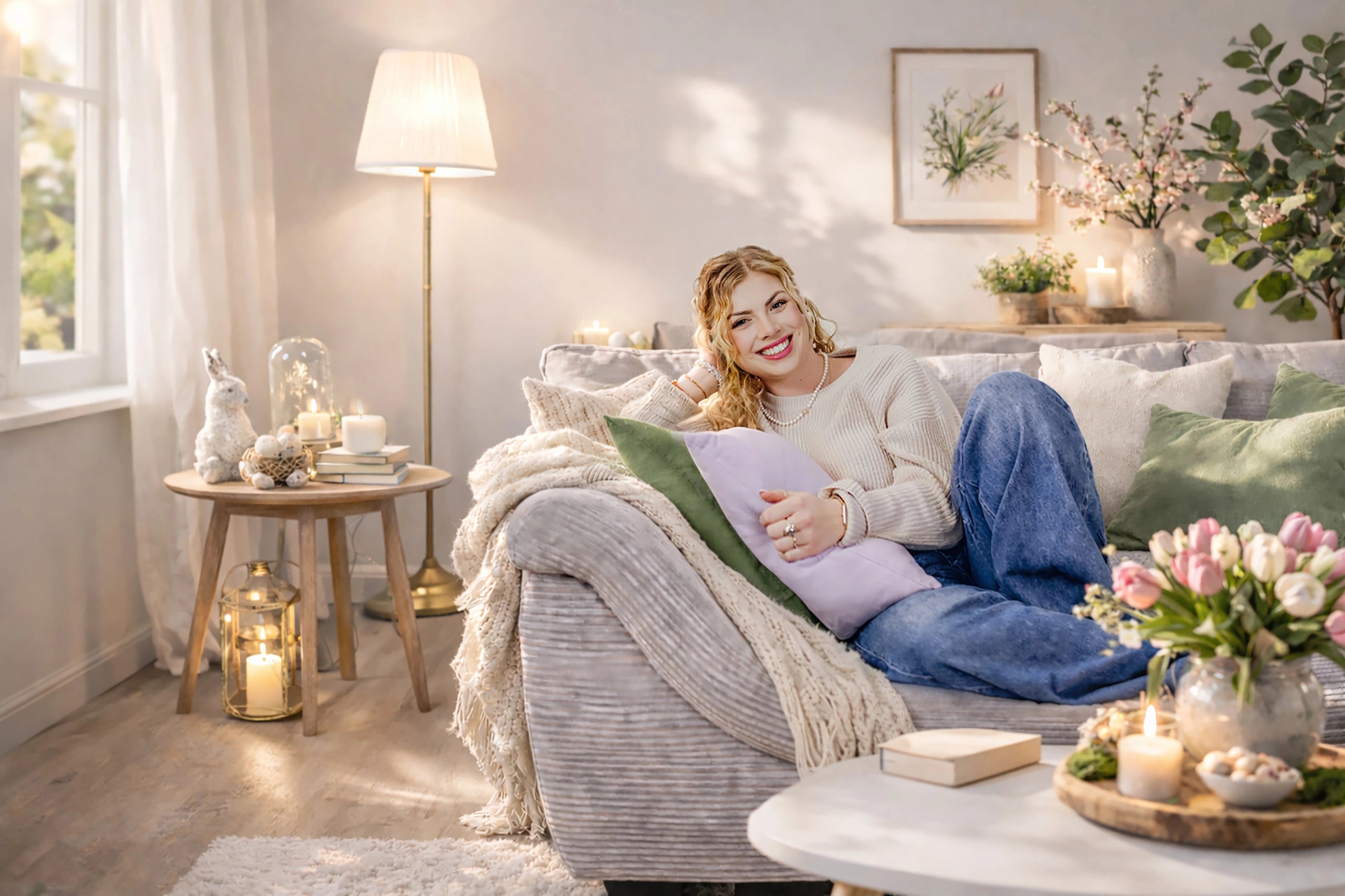 Lächelnde Frau liegt entspannt auf einem Sofa in einem gemütlichen Wohnzimmer mit Kissen und Deko.