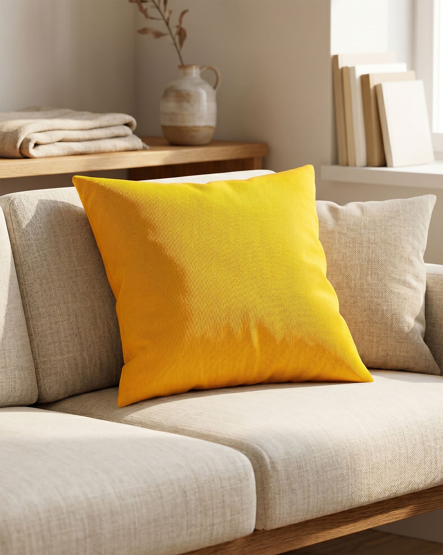 Gelbes Dekokissen auf einem beigen Sofa in einem warm eingerichteten Wohnzimmer mit Holzregal und Zimmerpflanze im Hintergrund.