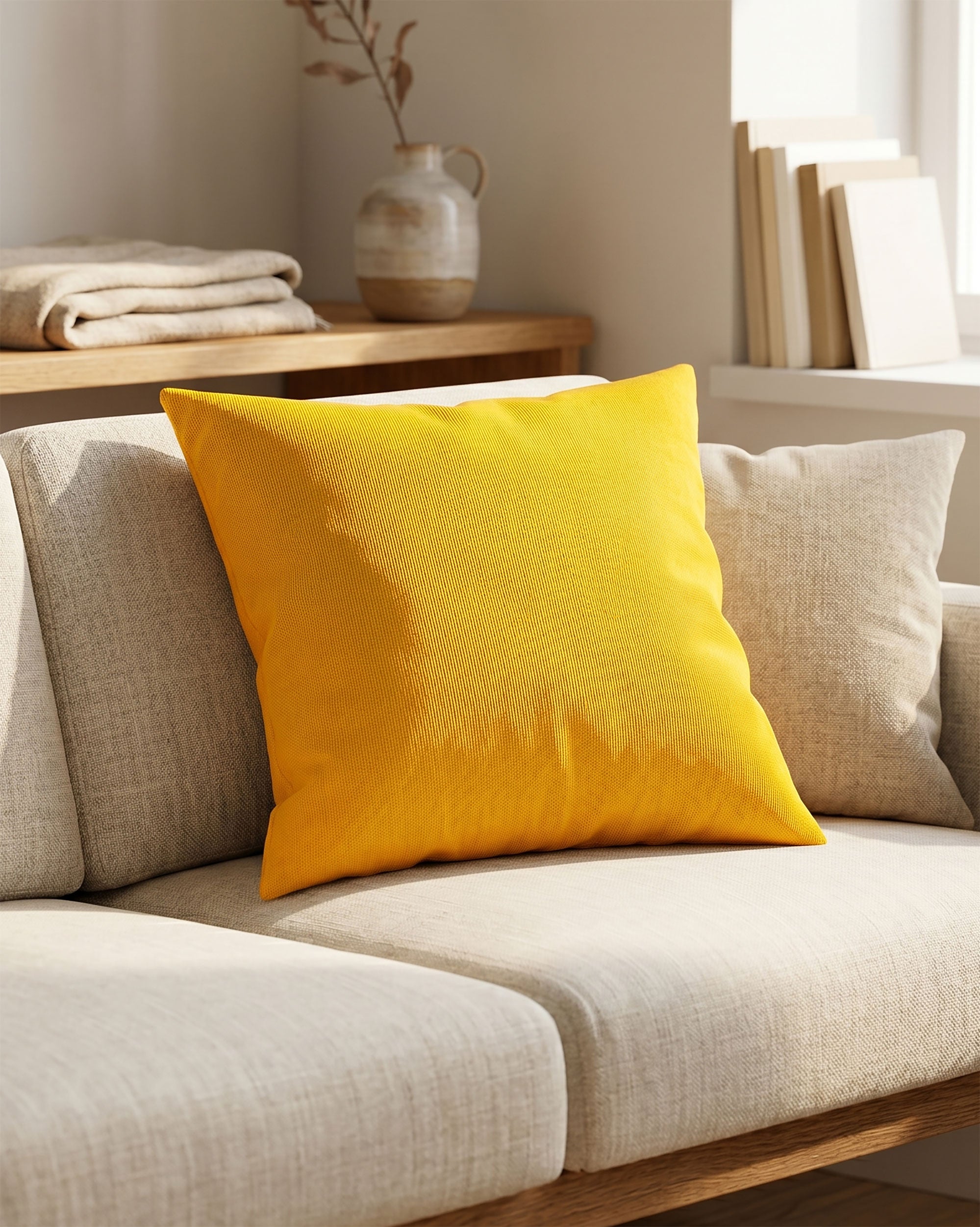 Gelbes Dekokissen auf einem beigen Sofa in einem warm eingerichteten Wohnzimmer mit Holzregal und Zimmerpflanze im Hintergrund.