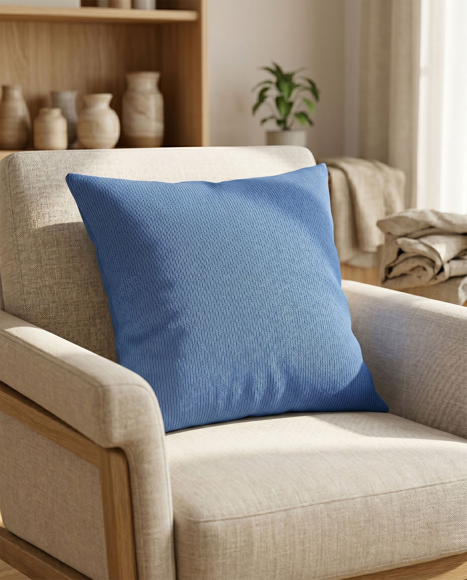 Hellblaues Dekokissen auf einem beigen Sessel in einem warm eingerichteten Wohnzimmer mit Holzregal und Zimmerpflanze im Hintergrund.