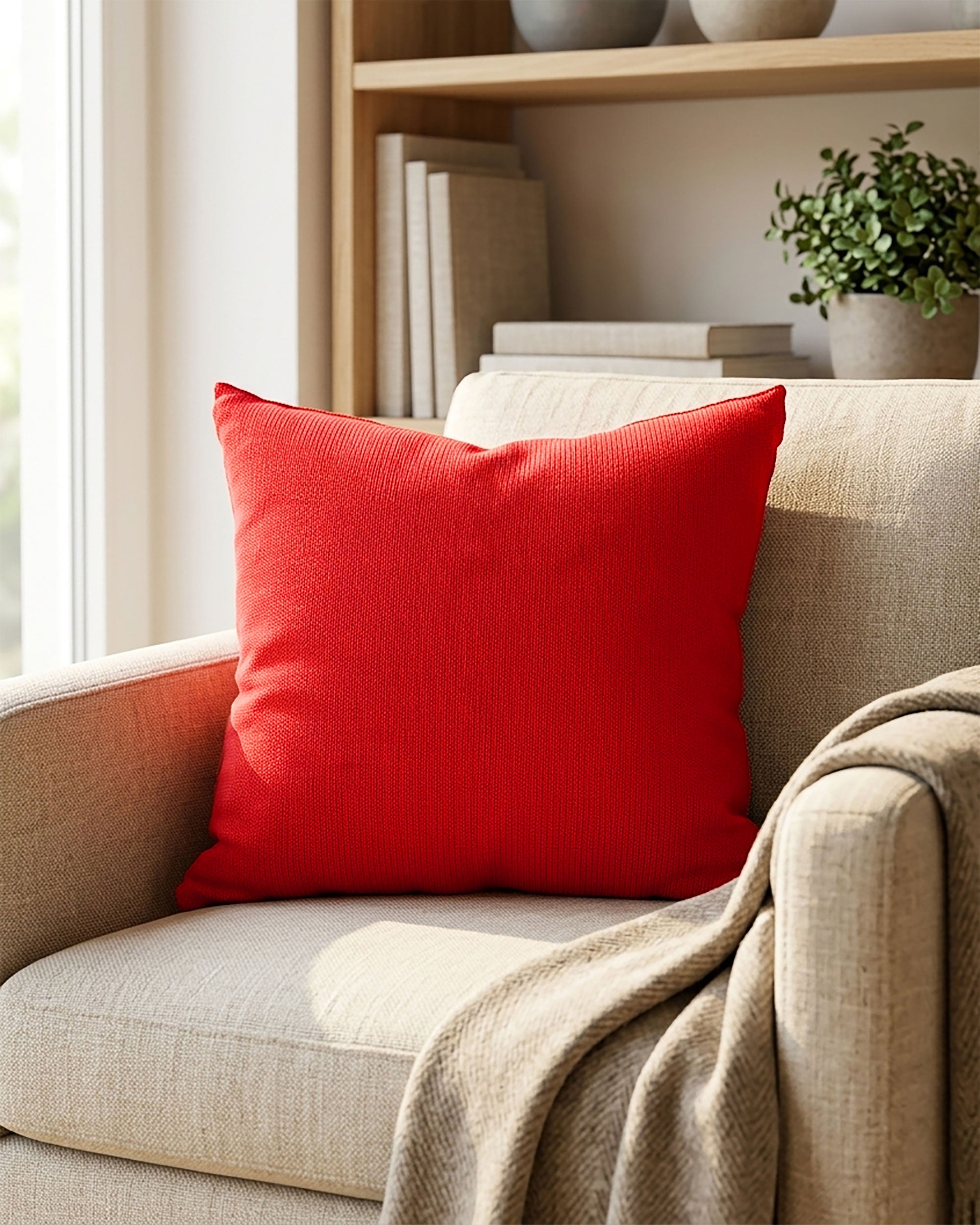 Rotes Dekokissen auf einem beigen Sessel in einem warm eingerichteten Wohnzimmer mit Holzregal und Zimmerpflanze im Hintergrund.