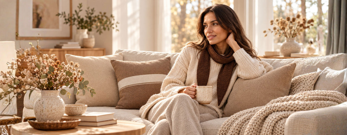 KI-generierte Kulisse: Frau mit braunem Sophie Scarf von Knitting & Friends auf einem gemütlichen Sofa mit gestrickten Dekokissen in Cremebeige, Beige und Beige-Gestreift.