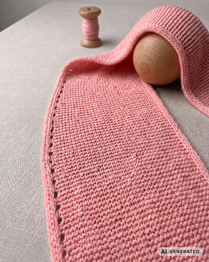 Rosa Sophie Scarf mit dekorativem Rand und Garnrolle auf hellem  Untergrund. [KI-generiert]