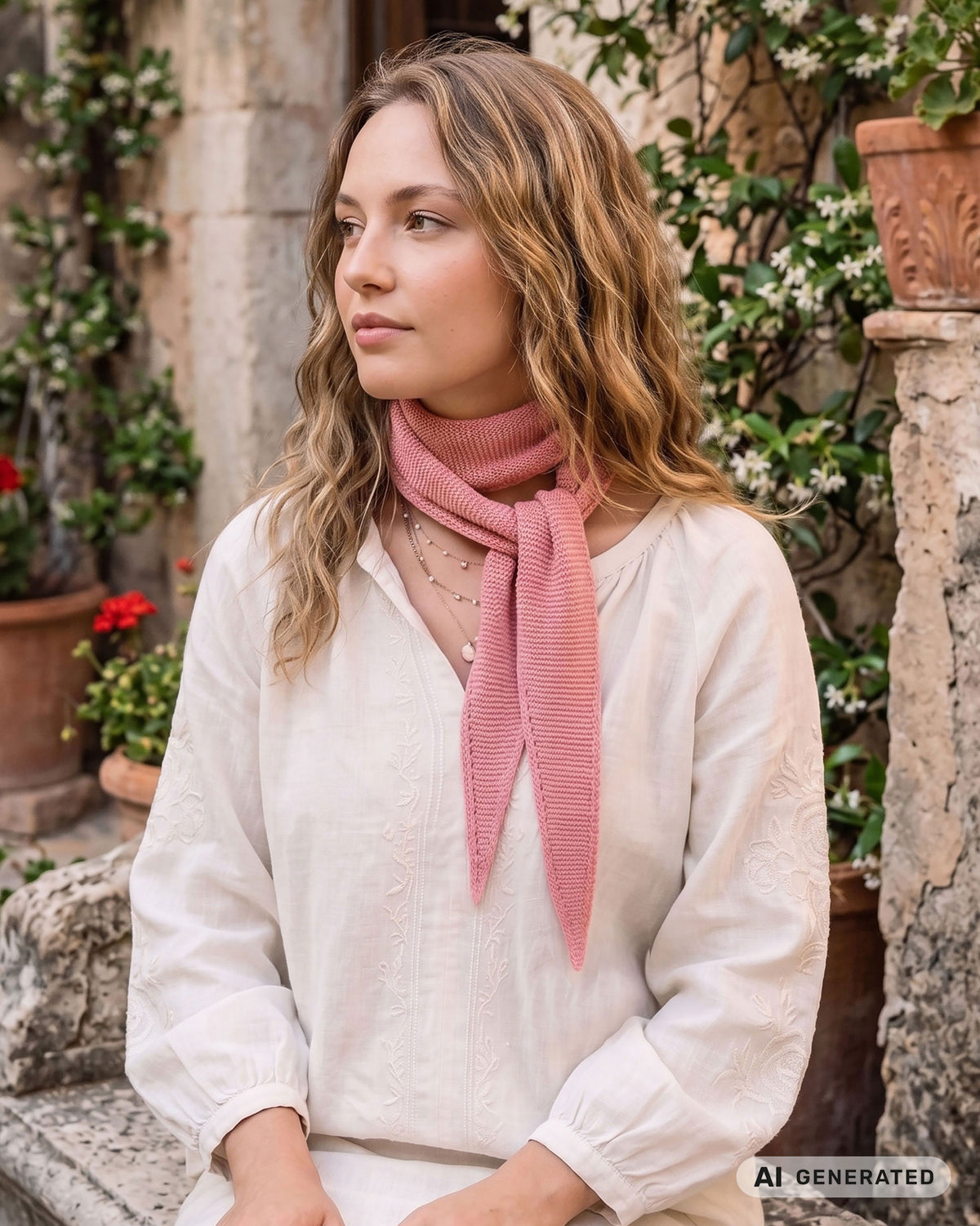 Frau mit gewelltem Haar trägt einen rosafarbenen Sophie Scarf vor mediterraner Kulisse. [KI-generiert]