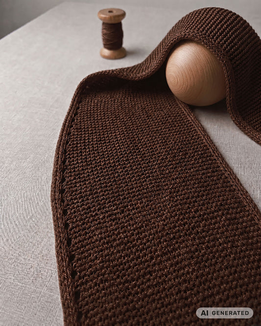 Brauner Sophie Scarf mit Rand und Garnrolle auf hellem Untergrund. [KI-generiert]