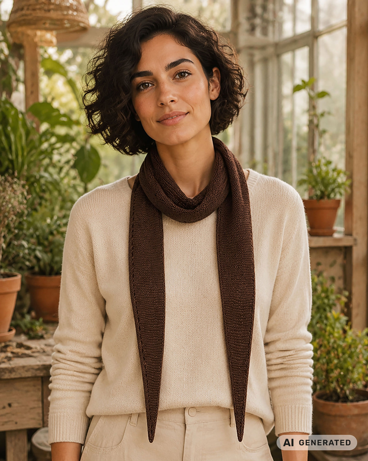 Frau trägt einen braunen Sophie Scarf. [KI-generiert]