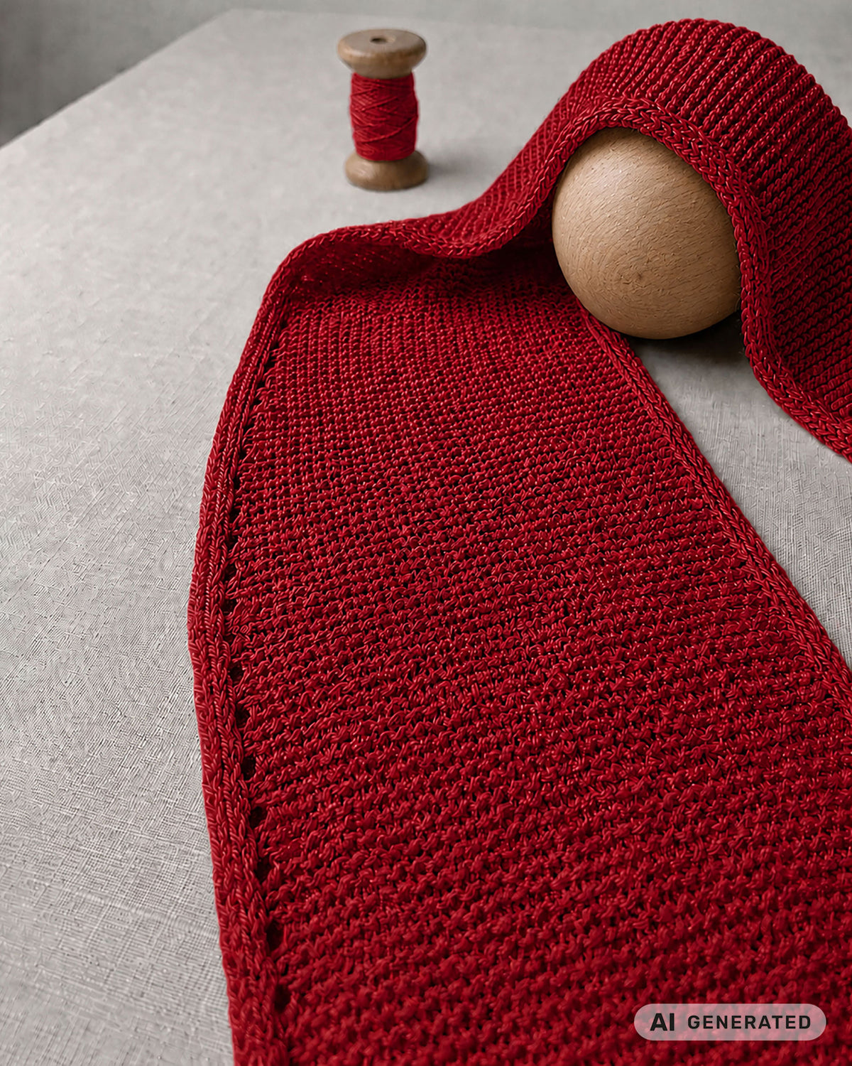 Weinroter Sophie Scarf mit Rand und Garnrolle auf hellem Untergrund. [KI-generiert]