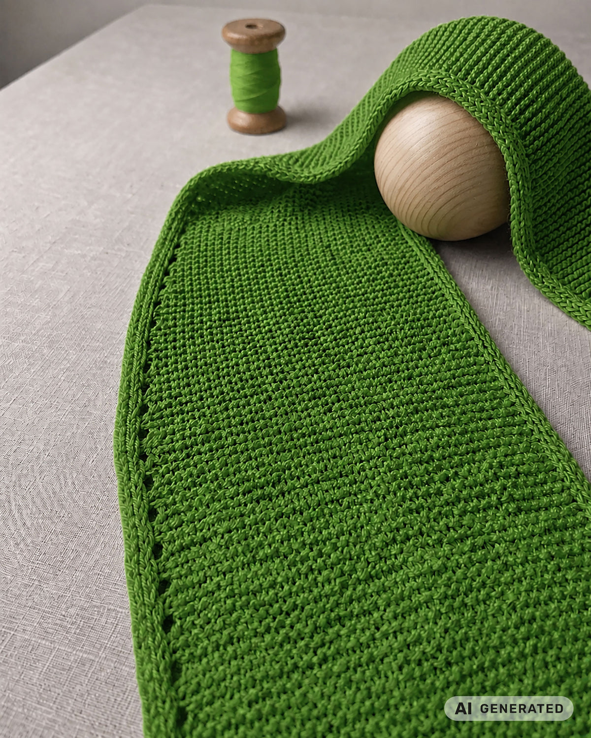 Grüner Sophie Scarf mit dekorativem Rand und Garnrolle auf hellem Untergrund. [KI-generiert]
