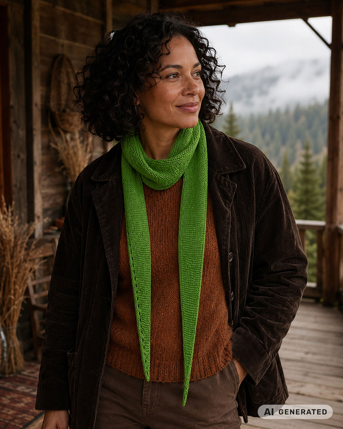 Frau trägt einen grünen Sophie Scarf. [KI-generiert]