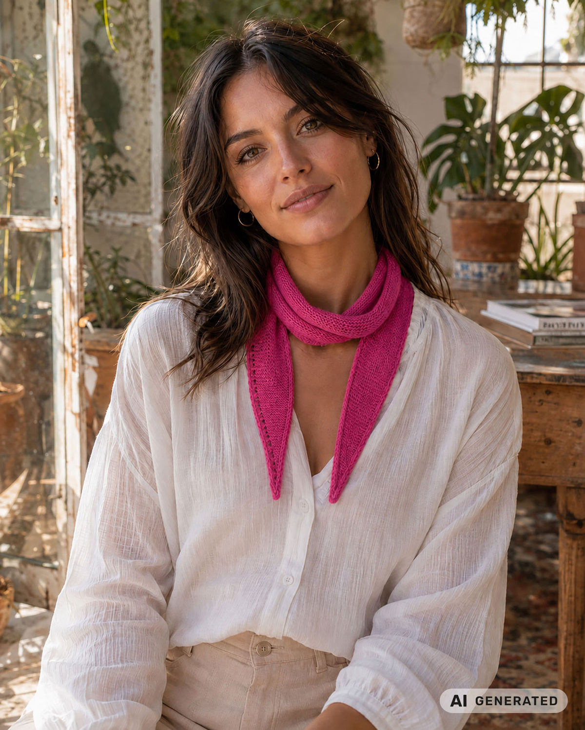 Frau mit Stift trägt einen pinkfarbenen Sophie Scarf in einem Atelier. [KI-generiert]
