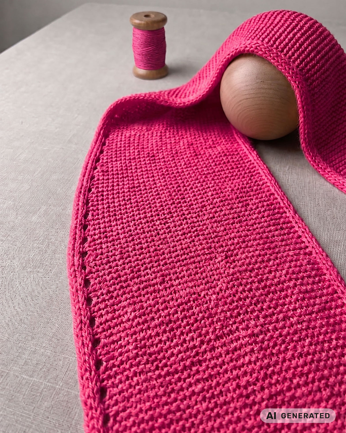 Pinkfarbener Sophie Scarf mit dekorativem Rand und Garnrolle auf hellem Untergrund. [KI-generiert]