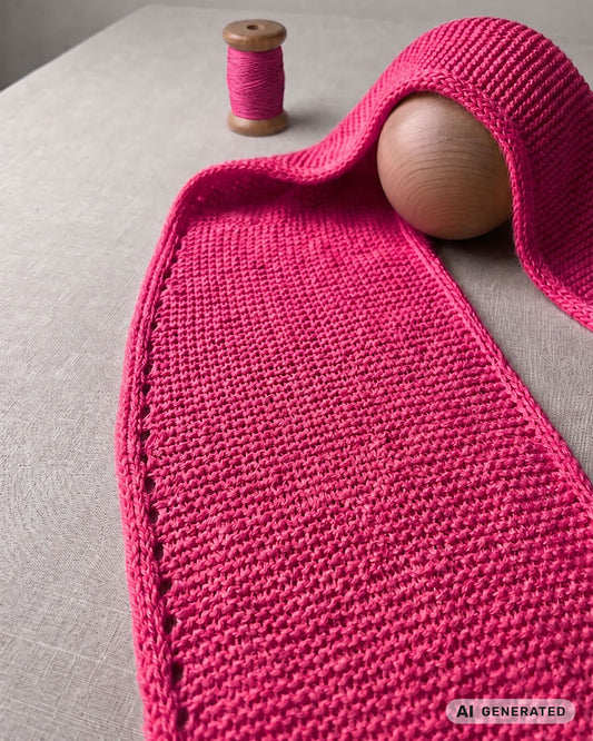 Pinkfarbener Sophie Scarf mit dekorativem Rand und Garnrolle auf hellem Untergrund. [KI-generiert]