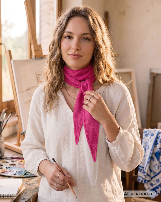Frau mit Stift trägt einen pinkfarbenen Sophie Scarf in einem Atelier. [KI-generiert]