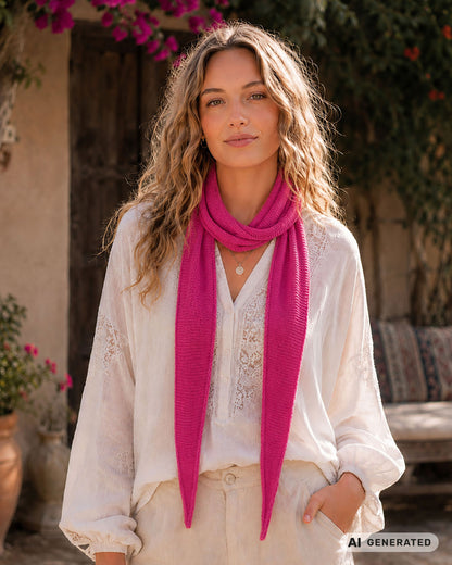 Frau mit Stift trägt einen pinkfarbenen Sophie Scarf  [KI-generiert]