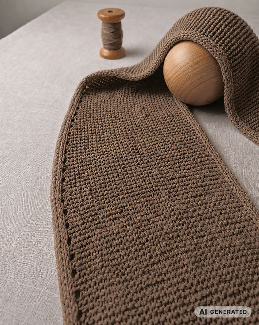 Beiger Sophie Scarf mit Rand und Garnrolle auf hellem Untergrund. [KI-generiert]