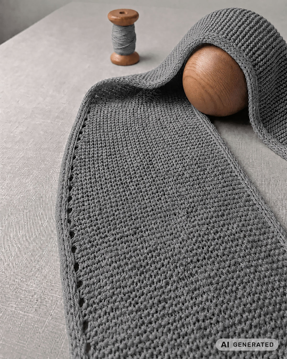 Grauer Sophie Scarf mit Rand und Garnrolle auf hellem Untergrund. [KI-generiert]