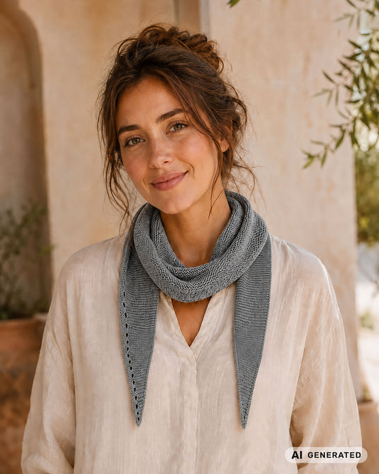 Frau trägt einen grauen Sophie Scarf im Freien vor mediterraner Kulisse. [KI-generiert]
