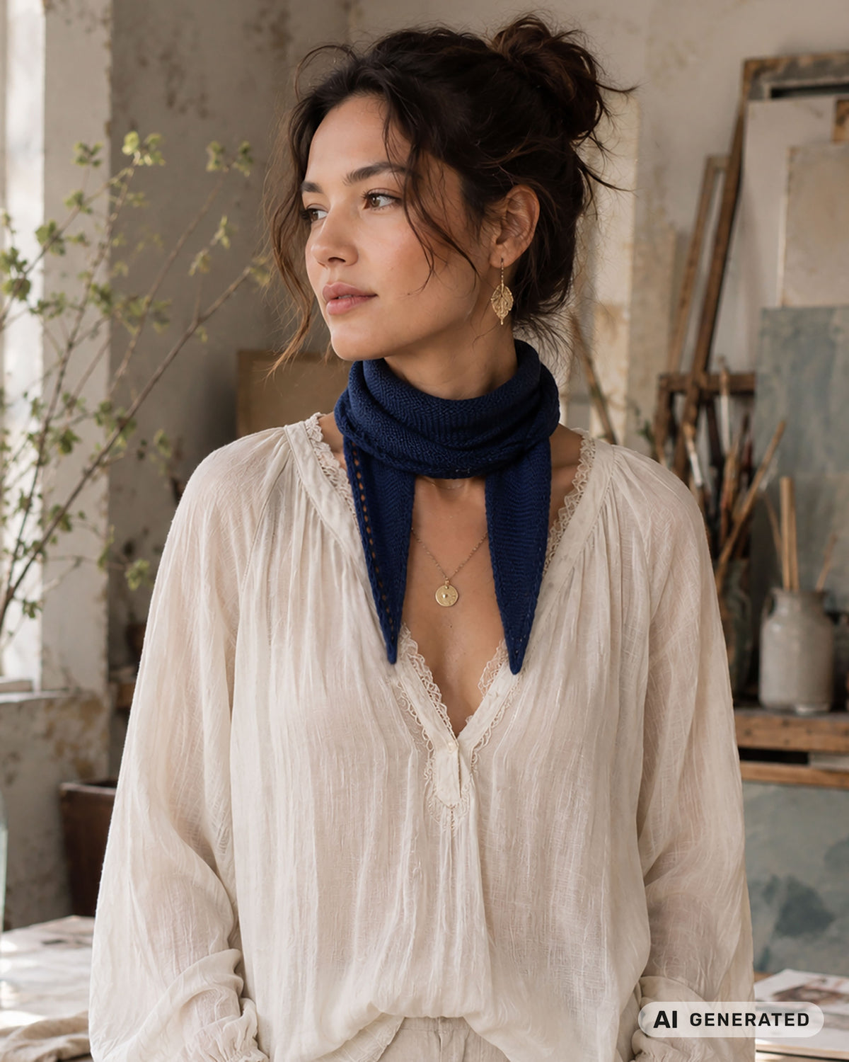Frau mit gewelltem hochgesteckten Haar trägt einen dunkelblauen Sophie Scarf in einem Atelier. [KI-generiert]