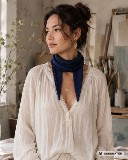 Frau mit gewelltem hochgesteckten Haar trägt einen dunkelblauen Sophie Scarf in einem Atelier. [KI-generiert]