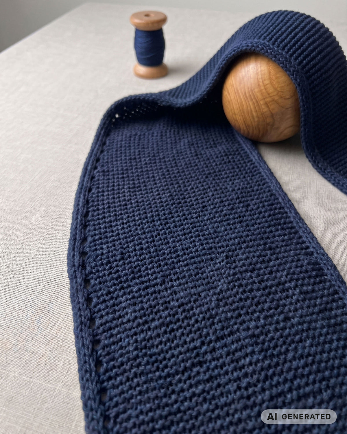 Dunkelblauer Sophie Scarf mit dekorativem Rand und Garnrolle auf hellem Untergrund. [KI-generiert]