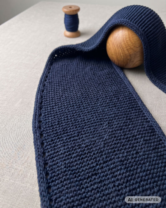 Dunkelblauer Sophie Scarf mit dekorativem Rand und Garnrolle auf hellem Untergrund. [KI-generiert]