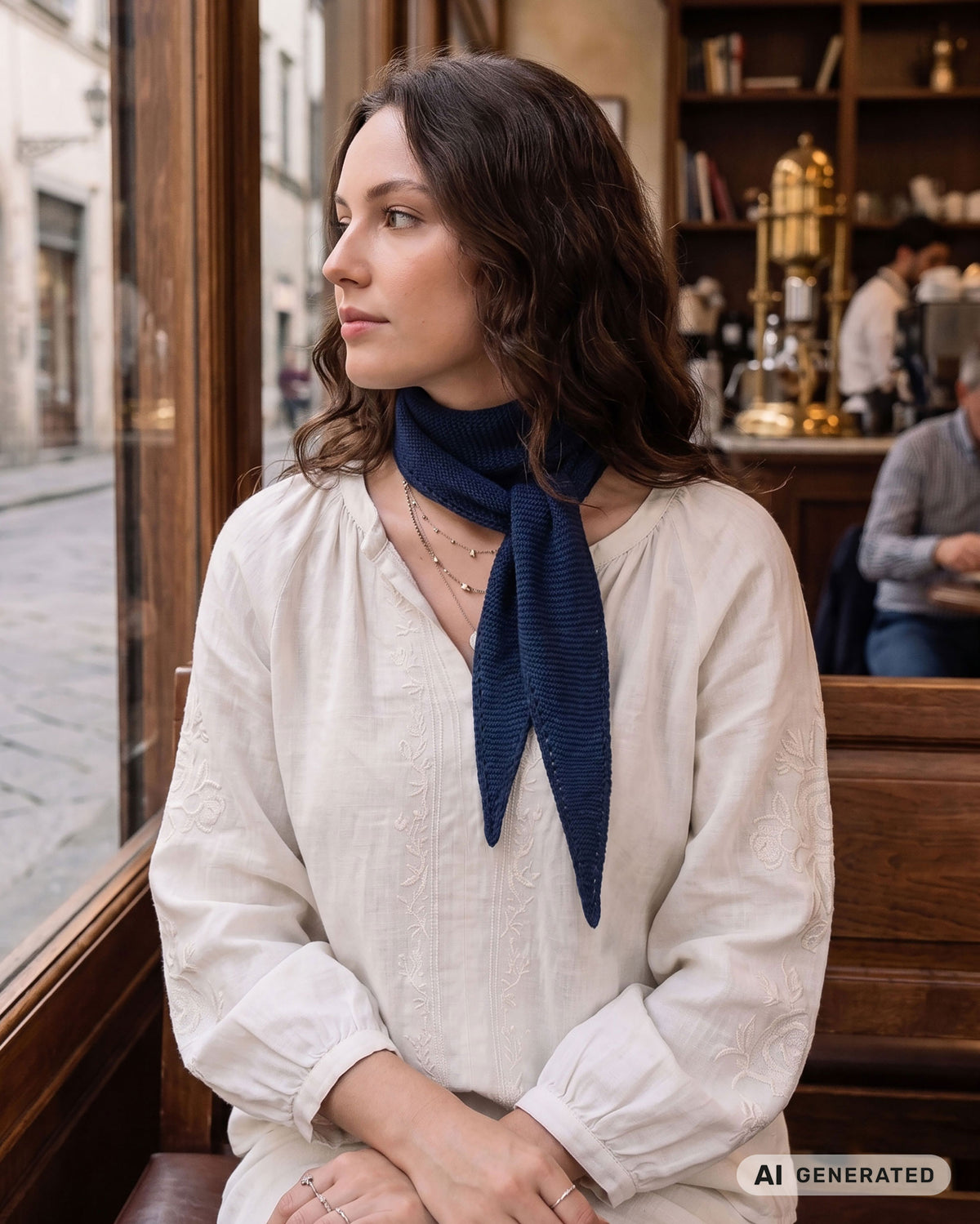 Frau mit gewelltem Haar trägt einen dunkelblauen Sophie Scarf in einem Café. [KI-generiert]