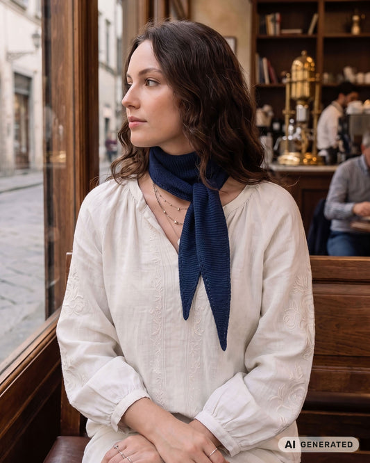 Frau mit gewelltem Haar trägt einen dunkelblauen Sophie Scarf in einem Café. [KI-generiert]