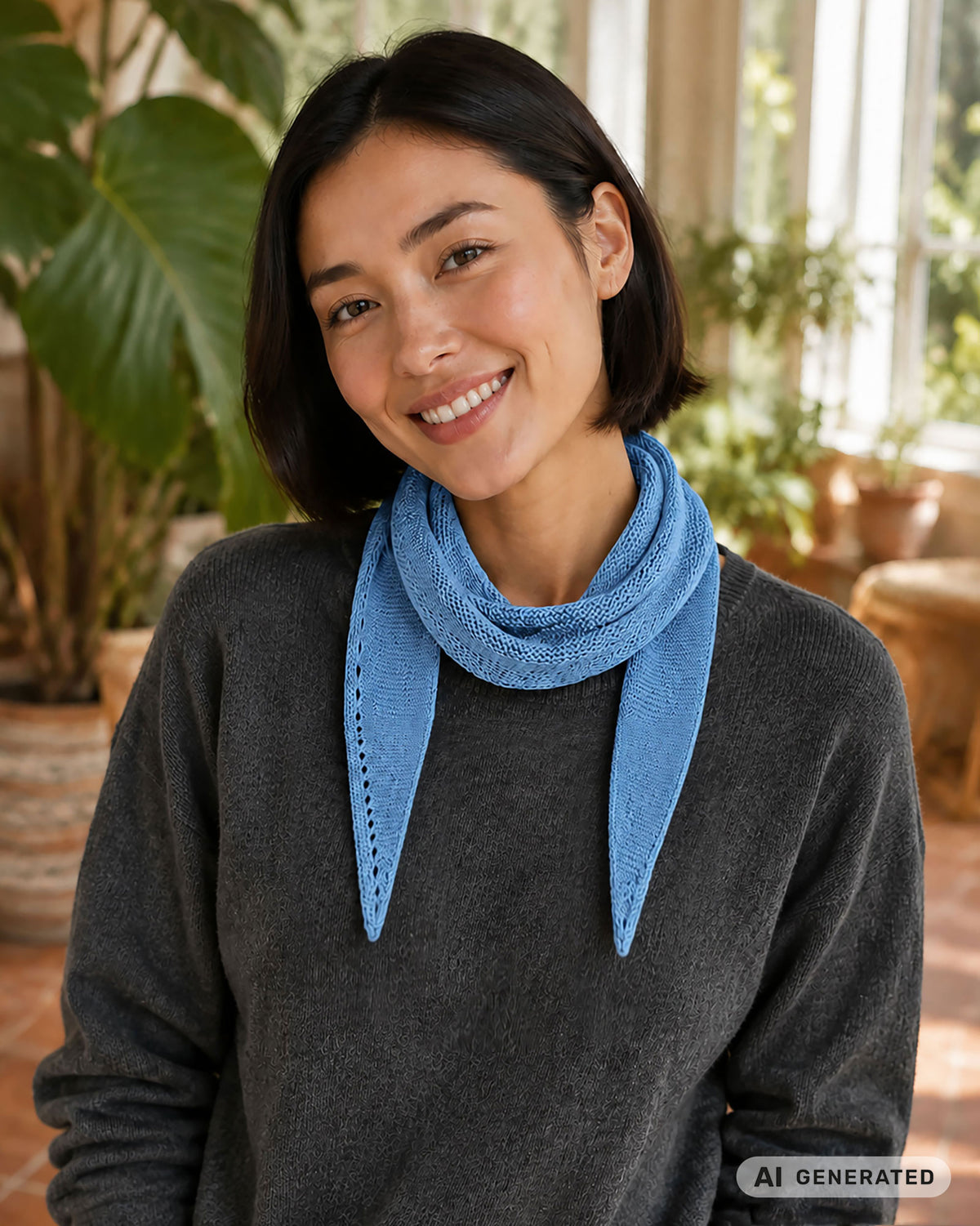Frau trägt einen hellblauen Sophie Scarf. [KI-generiert]