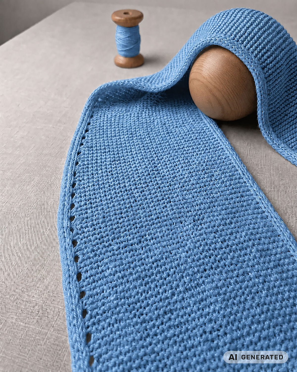 Hellblauer Sophie Scarf mit Rand und Garnrolle auf hellem Untergrund. [KI-generiert]