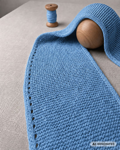 Hellblauer Sophie Scarf mit Rand und Garnrolle auf hellem Untergrund. [KI-generiert]