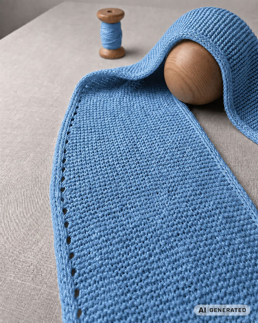 Hellblauer Sophie Scarf mit Rand und Garnrolle auf hellem Untergrund. [KI-generiert]