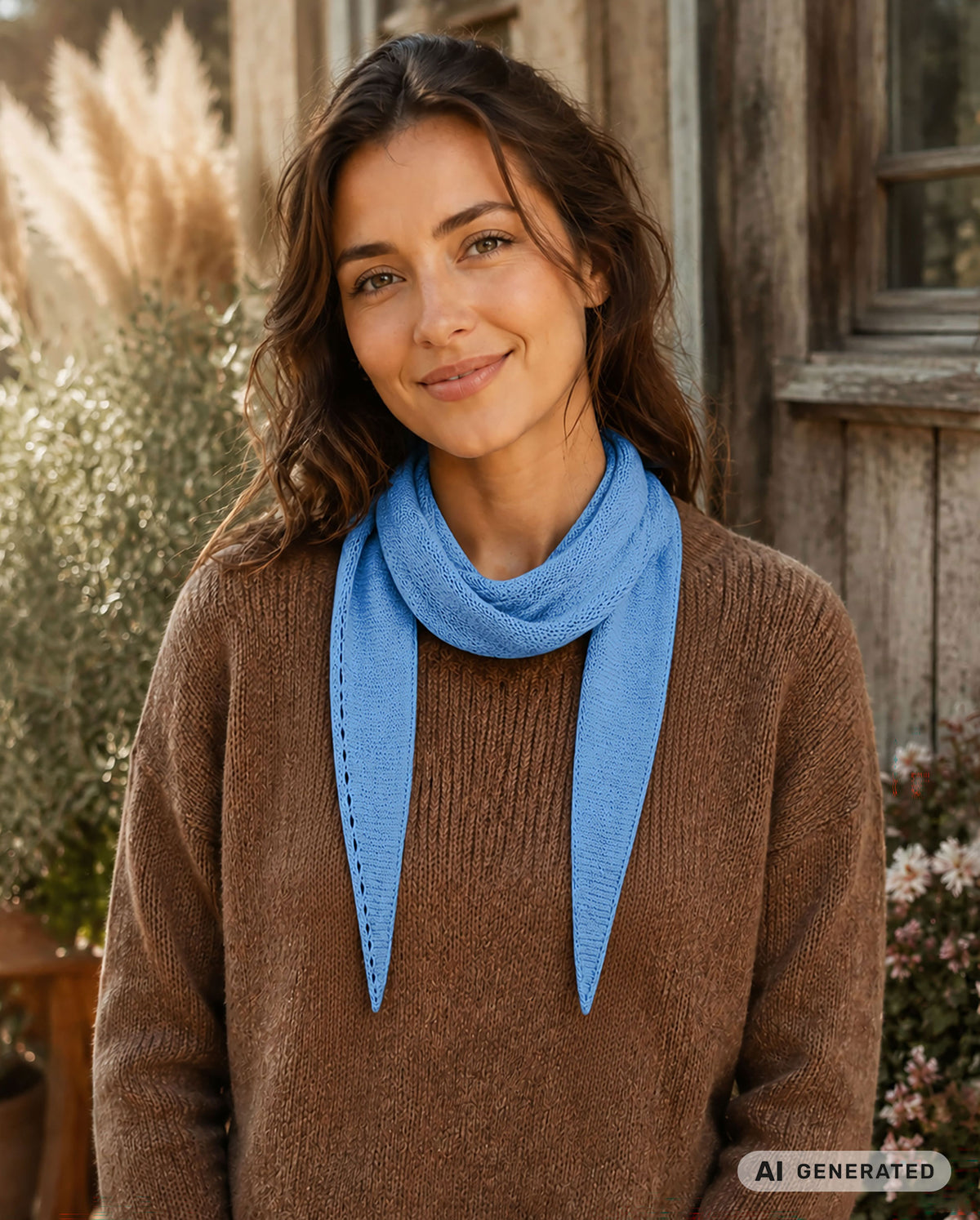 Hellblauer Sophie Scarf mit Rand und Garnrolle auf hellem Untergrund. [KI-generiert]