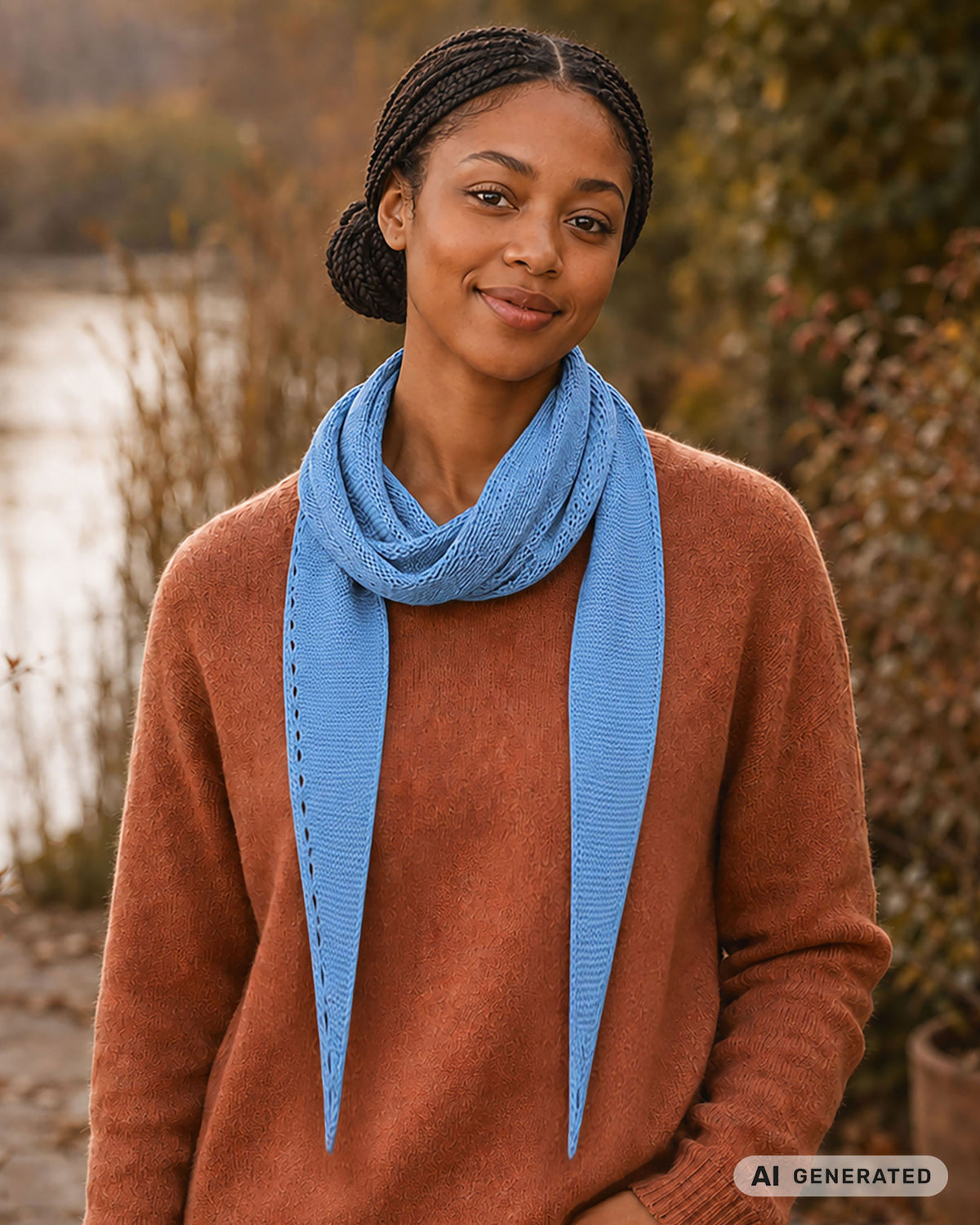 Frau trägt einen hellblauen Sophie Scarf. [KI-generiert]